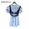 Blå Patchwork Casual Dress for Women O Neck Puff Kortärmad Hög midja Diamanter Mini Klänningar Kvinnlig Sommarstil 210520