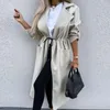 Moda İpli Dantel-up Ofis Lady Mont Zarif Turn-down Yaka Cep Uzun Ceket Kadınlar Casual Gevşek Dış Giyim Rüzgarlık