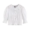 Frauen Weiß Solide Top Hemd Stehkragen Halbarm Frühling Sommer Puff Spitze Bluse Knopf B0662 210514