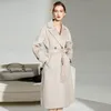 New Arrival Women's Double Cashmere Wool Coat Notched Collar Waves Lace Up Belt Fashion Winter Overcoat Long Outerwear