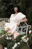 Ruched White Summer Ball Gown Jacquard Lantern Sleeve V Neck Elegant Dress Women Swing Off Shoulder 210427