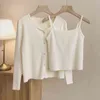 Casual Sling Camisole Stickad Cardigan Jacka Kvinnor Koreansk Fashion Basic Vest + Långärmad Top Solid 2 Piece Set Sweater Oversize 211103