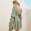 [EAM] Women Green Brown Sexy Pleated Dress V- Neck Long Flare Sleeve Loose Fit Fashion Spring Autumn 1DD8041 210512