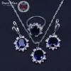 Silver Color Bridal Jewelry Sets Blue Stone CZ Earrings For Women Bracelet Rings Pendant Necklace Set Gifts Jewelry Box H1022