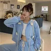 Casual losse twee stukken blauwe set bear patch rits hoodies + harem sweatpants Koreaanse schattige outfits pak sets 210519