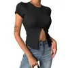 T-shirt da donna Summer Sexy Women Front Split Slim Stretch O Neck Basic Crop Top Fashion Short Sleeve Club Female Tee