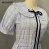 Japanese Preppy Style Summer Women Dresses Peter Pan Collar Bow Plaid Short Sleeve Elegant High Waist Sweet Midi 210520