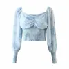 Summer Women French Retro Temperament Sweet Sexy Tie-dye Folds Elastic Puff Sleeve Female Short Shirt 210520