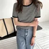 T-shirts vrouwen koreaanse zomer nieuwe vintage patchwork gestreepte zachte gebreide eenvoudige top slank dunne casual korte mouw o hals Tee shirt x0628