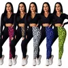 Sporty leopardo patchwork mulheres conjunto de roupas com capuz tops empilhados corredores calças suor terno tracksuit duas peças de fitness outfit 210525