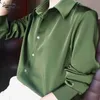 Lente Mode Koreaanse Satijn Zijde Hoge Kwaliteit Button Losse Dame Lange Mouwen Tops Avocado Groen Shirt Vintage Blouse Dames 12610 210521