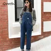 Qooth Vintage High Waist Jeans Overall Große Taschen Denim Strampler Damen Wide Leg Harem Jumpsuits QH2280 210629