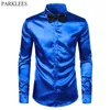 Royal Blue Silk Dress Shirt Men Chemise Satin Smooth Men Party Prom Skjorta Busienss Bröllop Man Casual Shirt med slips 210522