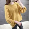 Embroidered Hollow Sweater Women Round Neck Lantern Sleeves Loose Thin Knitted Jumpers Pullovers Female Spring 210427