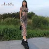 2021 Korte mouwen Madeliefjes Print Mesh Sey-through Sexy Maxi Jurk Zomer Damesmode Streetwear Outfit Sundress ASDR52033 X0521