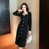 Casual Dresses Fashion Designer Single Breasted V Neck Tweed Dress Spring Autumn Women Long Sleeve Pearl Button Vintage Slim Sheath Midi