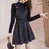 Womenr Balck Deux Pièces Robe Col Roulé Solide À Manches Longues Top Bretelles Spaghetti Empire Mini Printemps D2429 210514