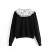 女性スウィートホワイト刺繍蓮の葉大きなラペルブラックセーター女性シンプルなシングルブレスト長袖トップ210520