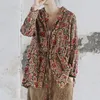 Johnature automne hiver rétro mode impression à manches longues à lacets tout match manteau coton lin confortable femmes veste 210521