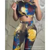 Kvinnors tvåbit byxor Wepbel Elegant Tie Dye Print Outfits Set Ladies Sexig Bow Crop Top + High Waist Bodycon Suit