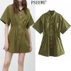 Army Green Mini Shirt Dress Women Summer Button Up Short Sleeve Woman Elastic Waist Casual es 210519