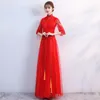 エスニック服中国風赤長いチュールウエディングドレスレース刺繍女性マンダリンカラーAラインイブニングパーティーガウンvestido