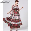 Mode Designer Runway Dress Spring Summer Women Dress Spaghetti Strap Floral-Print Ruffles Lace Maxi Klänningar 210524