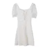 Blanc Puff Manches Courtes Col Carré Paillettes Dentelle Mesh Mini Robe À Lacets Bow Été Élégant D1727 210514