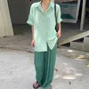 Korejpaa Donna Imposta Estate Coreano Chic Ladies All-Fiammifero Verde Bianco Camicia ampia Pantaloni a gamba larga scozzesi a vita alta 210526