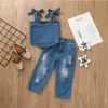 Summer Baby Girl Denim Clothing Sets Sling Cowboy Suit Ripped Jeans Trousers Girls Two-Pieces Set Children Outfits