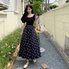 Black Dress Girl Summer French Square Neck Floral Female Tea Break Temperament Puff Sleeve Plus Size 210601