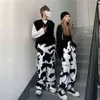 Houzhou牛プリントワイドレッグカーゴパンツ女性特大原宿韓国のファッションストリートウェアストレートズボンズプラッズ211216