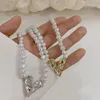 Hängande halsband ursprung sommar fransk vintage kärlek hjärta choker halsband för kvinnor flicka simulering pärla pärlstav guldfärg metall smycken