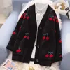 Woman Sweater Cardigan Jacket Winter Warm Knitwear Fruit Cherry Embroidery Knitted Autumn V Neck Oversize 210914