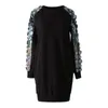 [EAM] Women Black Three-dimensional Patch Split Dress Round Neck Long Sleeve Loose Fit Fashion Spring Autumn JH332 210512