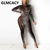 Kobiety z długim rękawem siatki Slinky jumpsuit sexy partyclubwear stroje 210702