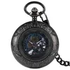 Retro Black Flower Pattern Case Glass Mechanical Pocket Watch Fashion Blue Skeleton Roman Number Dial Chain for Men Women