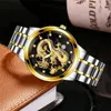 Relojes de pulsera Reloj de pulsera con correa de acero para hombre, figura de dragón dorado, moda dominante, reloj de cuarzo, regalo automático de negocios