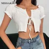 Missakso Sexy Crop Top bianco aperto davanti con lacci Streetwear lavorato a maglia manica corta moda Top estate camicia da donna 210625