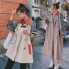 Mulheres Longa Seção Patchwork Trench Windbreaker Curto e Estilo Casual Lady's Senhora Coleção Coleção 3xL 210820