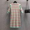 Summer New Beading Rhombus reticolo cuciture abito lavorato a maglia per le donne con scollo a V Ruffles manica corta abito maglione allentato G1214