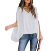 Femme Drapé Blouses 2022 Été Solide Dolman Manches V Cou Chemisier Chemises Décontracté Femme Hauts Ample Noir/Blanc S-XXL Femme