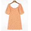 Floral Print Vintage Dress Kobiety Rękaw Puff Orange Krótki Lato Bowknot Kwiat Boho Mini 210427
