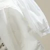 Vintage Blanc Patchwork Bouton En Métal Chemises Pour Femmes Col Carré Puff Manches Courtes Blouses Slim Femme 210524