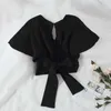 Woherb Yaz Kısa Kollu Bluz Kadın Kırpma Zarif Geri Yay Bandaj Gömlek Bayanlar Backless Kawaii Blusas 20904 210715