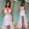 Stylish Short Sheath Beach Wedding Dresses Deep V Neck Bridal Gowns With Detachable Train Beaded Tulle Appliqued Vestido De Novia