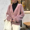 Осень Faux Mink Корейские вязаные кардиганские свитера для женщин с длинным рукавом V-образным вырезом Золотые кнопки Топы Повседневная мода Дамы 210513