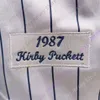 Baseball-Trikots Vintage-Trikot Kirby Puckett 1991 WS Baseball Hall Of Fame Patch 1969 1987 Creme Nadelstreifen Marinegrau Coopers-Town