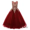 2021 Pretty Red Princess Appliques Sequins Flower Girl Dresses Tulle Lace Up Girls Pageant Gown Communion for Wedding Formal Party F01