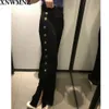 women Fashion buttoned palazzo trousers High-waist wide-leg featuring metal buttons on the sides Female chic 210520